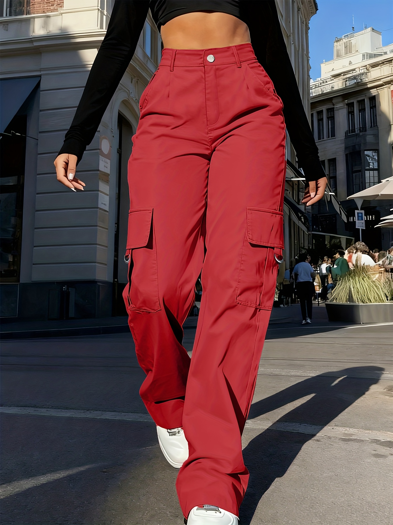 Nuevos Pantalones Cargo de Pierna Recta para Mujer, Cintura Alta, Ajuste Holgado, Estilo Adelgazante, Pierna Ancha, Pantalones de Yoga con Bolsillos Inclinados y Solapas, Ideales para Primavera y Otoño, Ropa de Mujer - Imagen 4