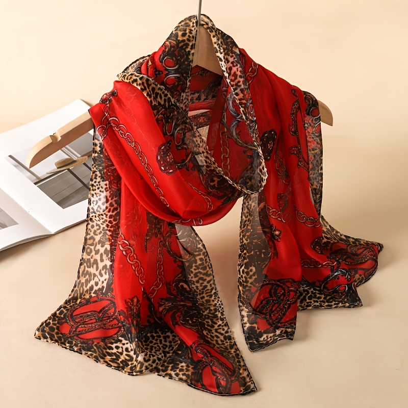 E-shop 1 Stück Vintage Leopardenmuster Kettenmuster Chiffonschal, Damen Mode Schal, Leuchtend Rot, Größe, Atmungsaktiv, Dünner Stil, Vielseitiges