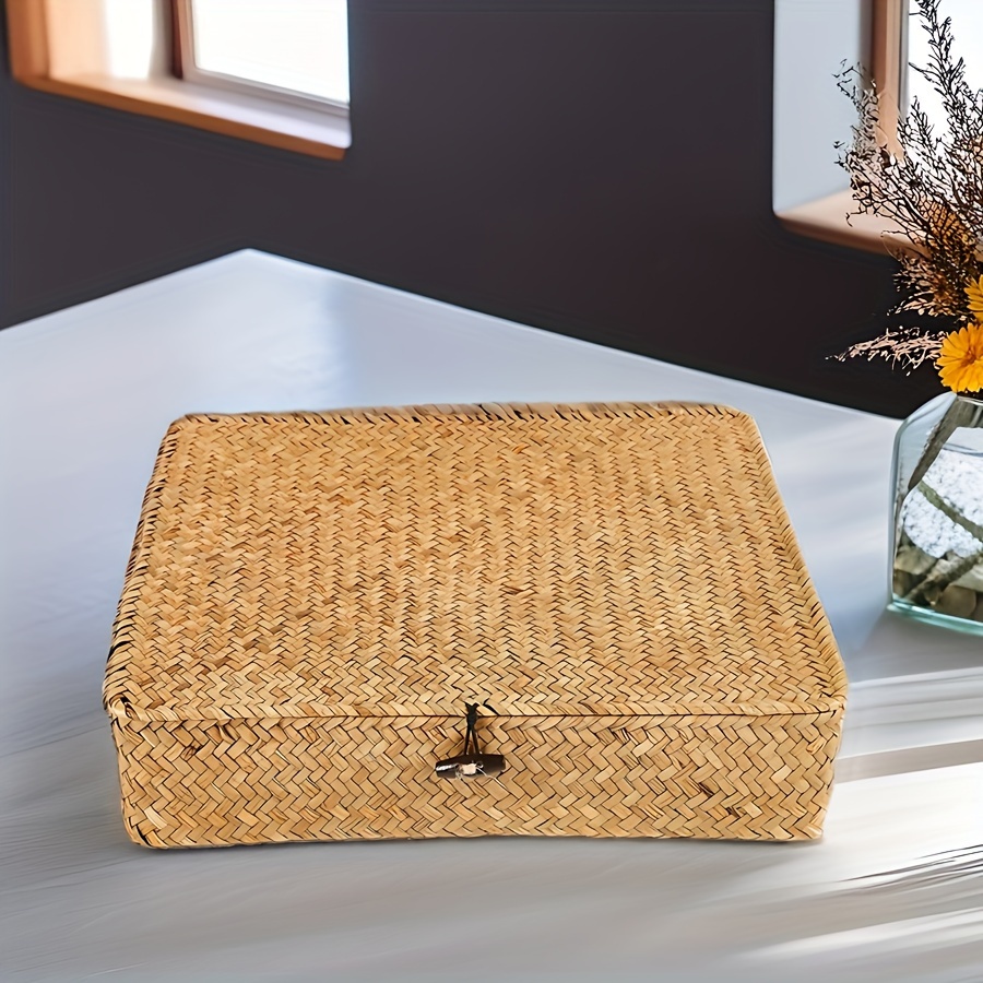 

Boîte de rangement tissée à la main avec couvercle, compacte et portable, idéale pour offrir en cadeau de vacances ou pour l'organisation de la maison, boîte tissée en algues, décoration d'intérieur