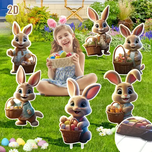 2d flat 2d flat products 6pcs easter bunny patio sign with stake durable waterproof plastic outdoor garden decor bunny holding flower basket eggs spring lawn display 2d flat