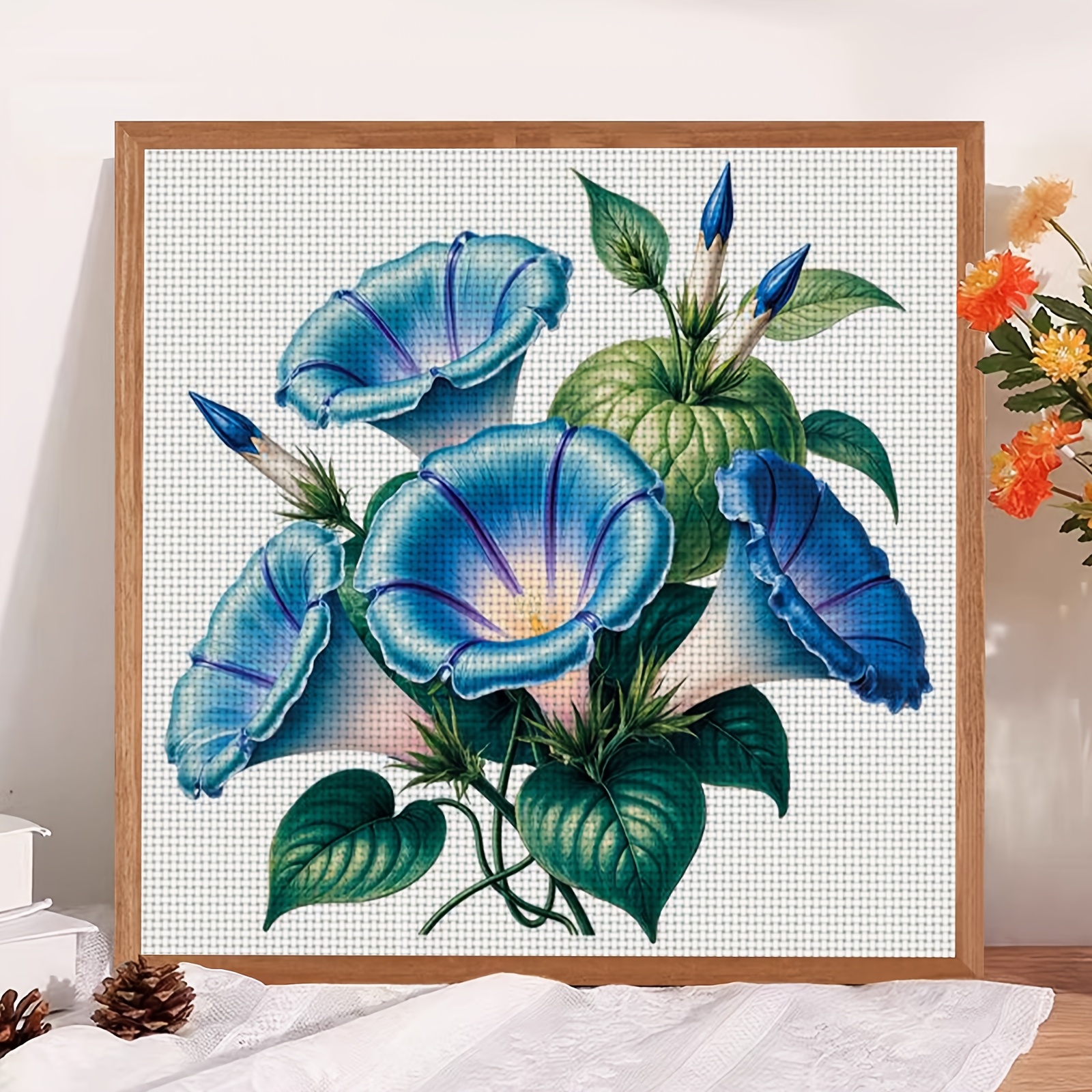 DIY Cross-Stitch Printed Kit, Blue Flowers and Green Leaves Floral Pattern