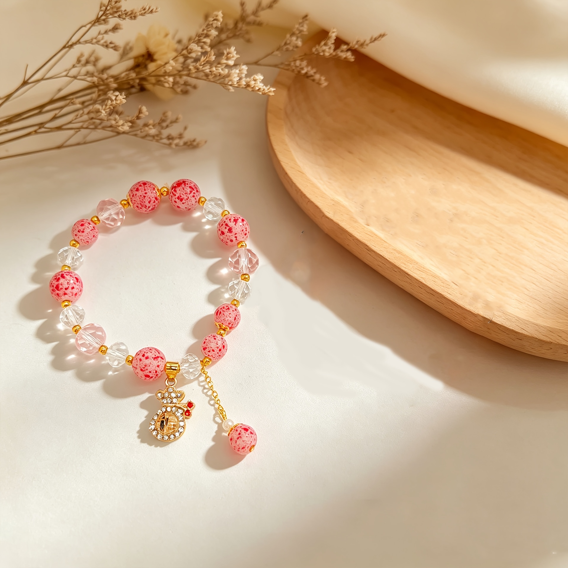 TEMU A Pink Strawberry Stone Bracelet Featuring A Heart-shaped Charm And - A Sparkling Accessory With An Adjustable Strap, Perfect For Women, A For