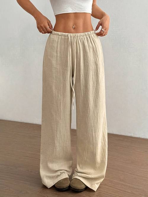 womens solid color casual drawstring straight leg pants trousers