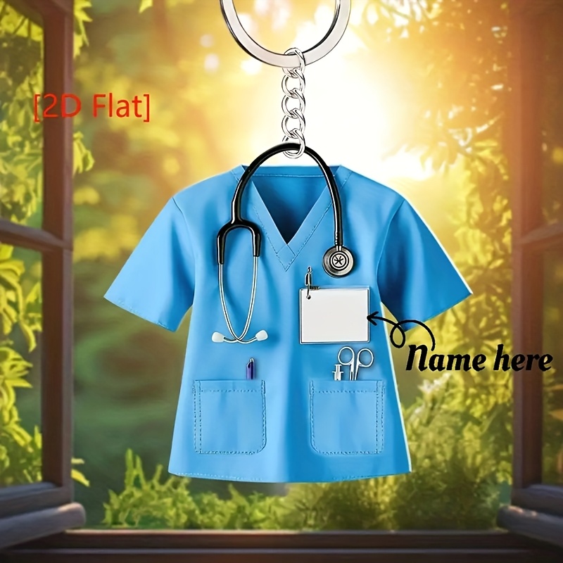 E-shop 2D Flacher personalisierter Schwestern-Schlüsselanhänger - Benutzerdefiniertes Name/Initialen, Themen-Design mit Stethoskop, Krankenhausfarben