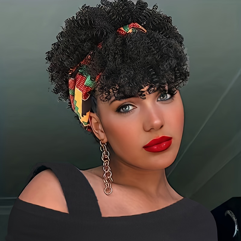 

Black Headband Wig With Bangs For Women Afro Curly Wig With Headband Attached Synthetic Short Hair Wigs Afro Kinky Black Wig