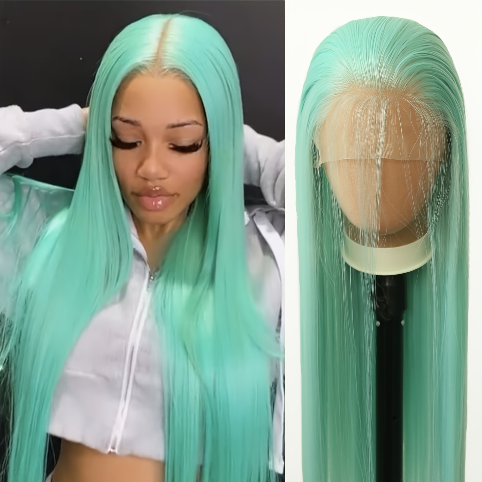 TEMU Green Pink Synthetic Lace Front Wig 13x3. 5inch Long Straight Lace Front Synthetic Wig Hairline Glueless Heat Resistant Fiber Hair Wig For Women