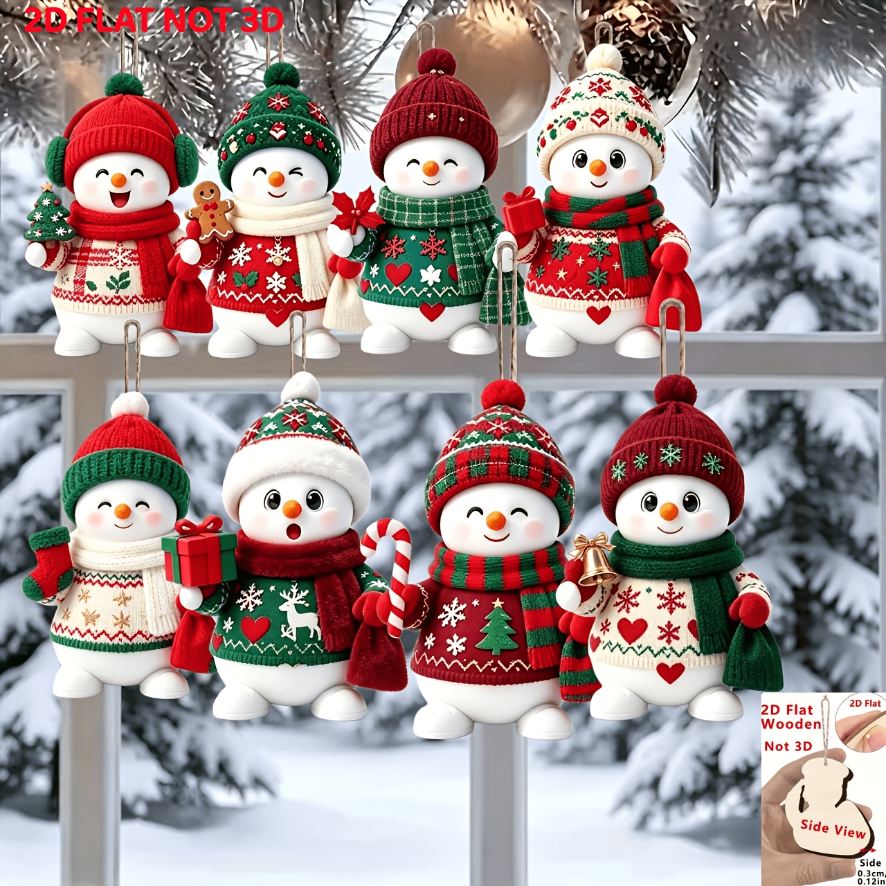 TEMU 2d Flat, [2d Flat, 8pcs Cute Snowman Hanging Ornament Set] An 8pcs Handmade Wooden Snowman Ornament Set With Hanging Ropes, A Must-have For