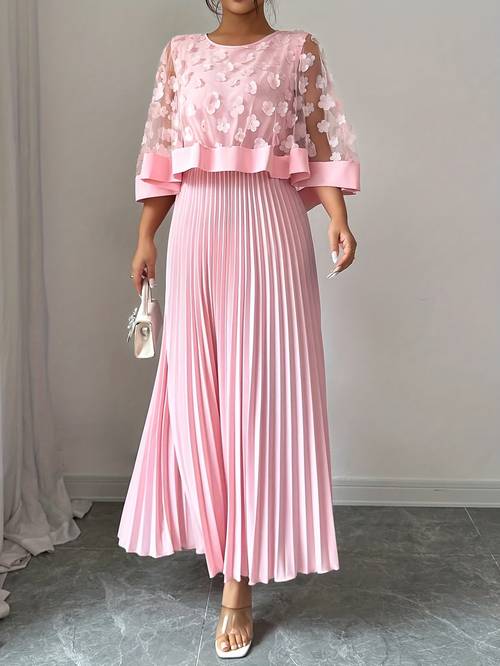 womens elegant 3d floral appliqu dress with round neck short sleeves machine washable party wedding guest dress for autumn winter solid color non stretch formal occasion gown