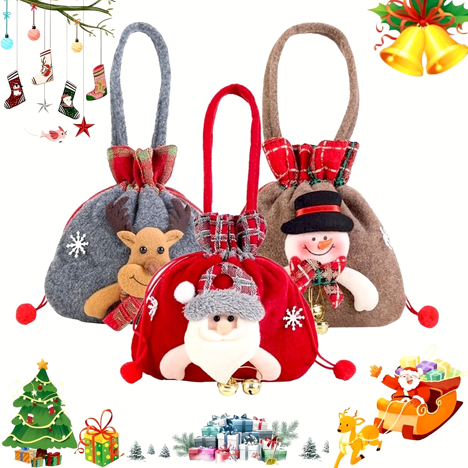 TEMU 3pcs Set Of Christmas Gift Bag Plush Pouches, Reusable Christmas Drawstring Gift Bags, Christmas Doll Bags, Christmas Candy Bags, Christmas