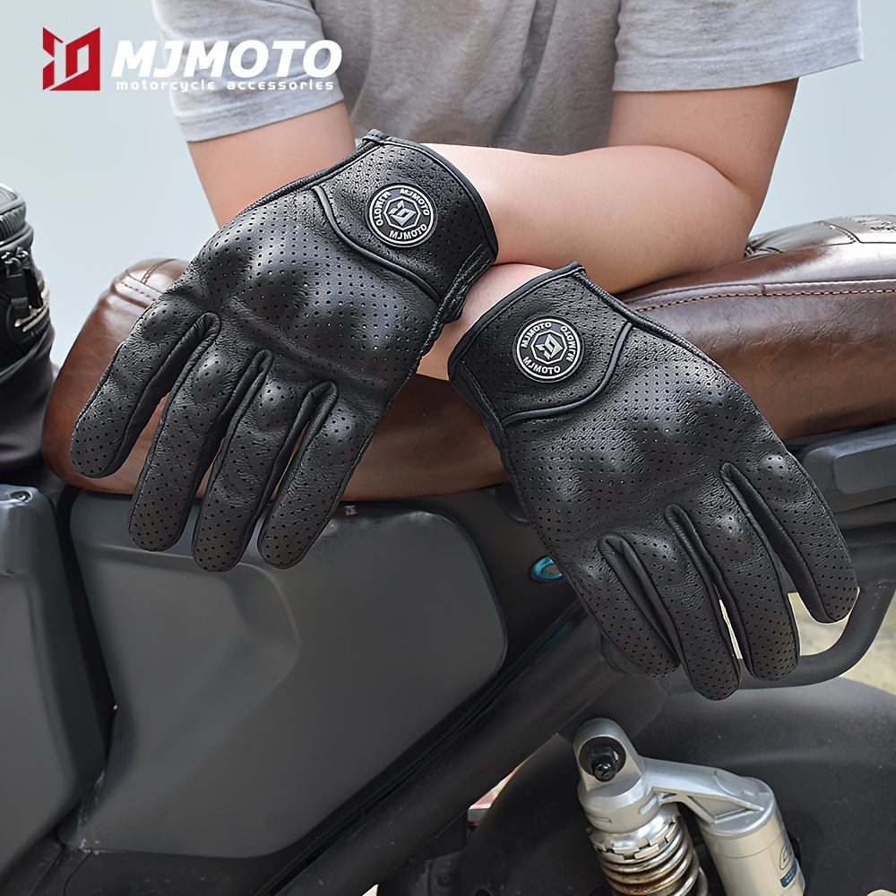 

Gants de moto en cuir rétro noirs MJMOTO - Gants à doigts complets respirants avec écran tactile pour hommes et femmes motocyclistes - Gants de motard vintage