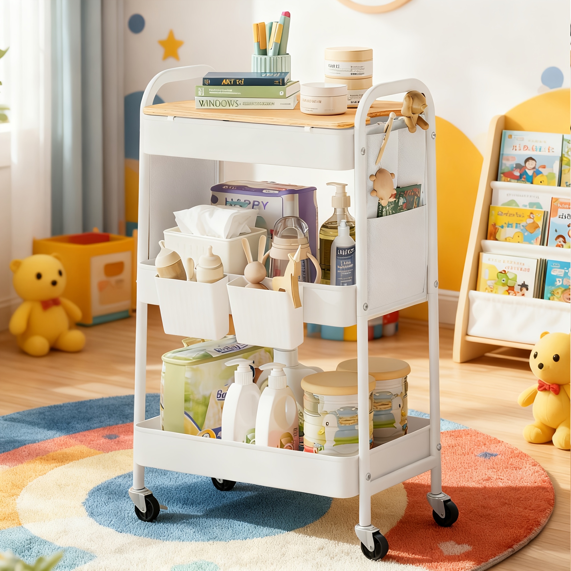 Mobile Serving Trolley, Culinary Cart, 3 Metal Shelves, 2 Hanging Bins, 2 Storage Organizers
