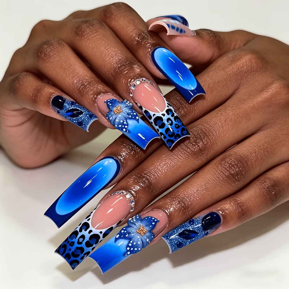 TEMU 24pcs Faux Ongles Carrés Extra Longs à Coller, Ongles Artificiels Brillants avec Fleurs 3D, Imprimé Léopard & Strass