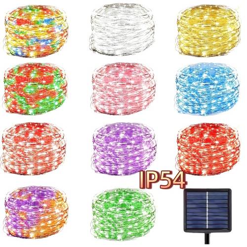 solar powered soft copper wire lights in 11 colors allowing free diy decoration into any shape suitable for courtyard scene layout this outdoor christmas ambiance light offers 8 lighting mode options featuring a high brightness lithium battery