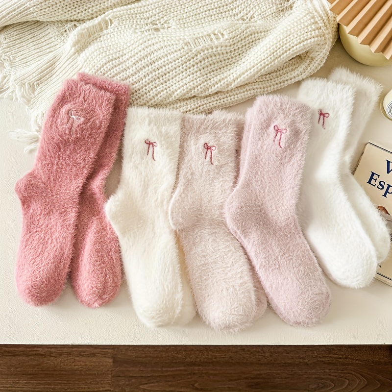 Image of 5-pair Pink Series Plush Velvet Bow Socks For Teens, Mid-calf Socks, Autumn/winter Style, -lined Thickened Warm Socks, Slouch Socks, For Teenager