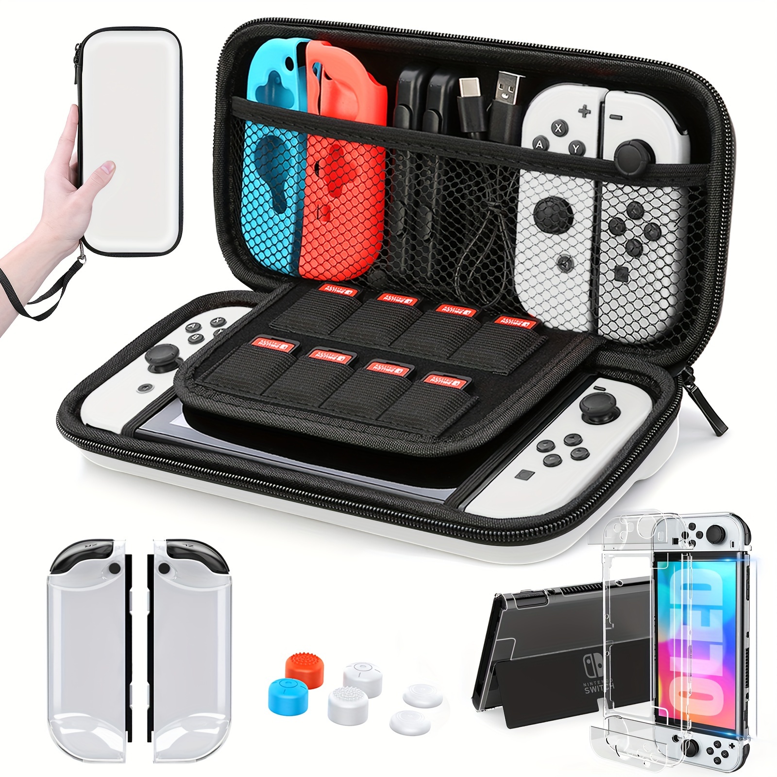 For Nintendo-Switch-OLED Host Protection Set Rocker Cap + Tempered Film +  Handle Protective Shell