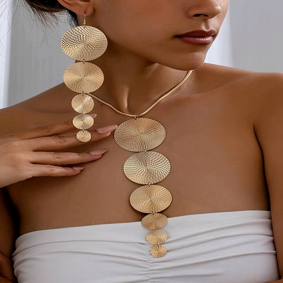 

3pcs Hip Hop & Vintage Inspired Geometric Disc Earrings And Necklace Set - Iron, Parties & Banquets