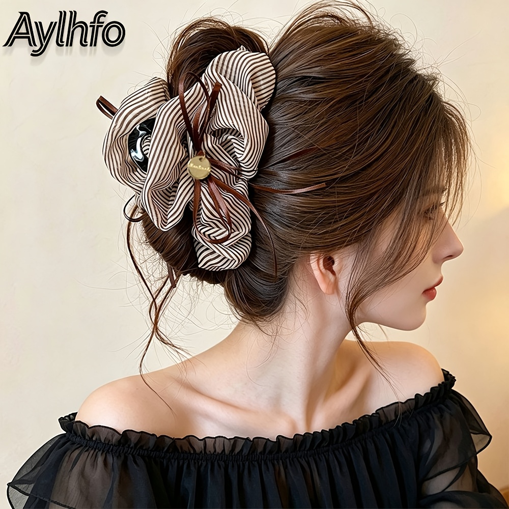 TEMU Aylhfo 1pc Autumn/winter New Striped Fabric Cloud-shaped Hair Claw Clip, Bow Decoration, Large Fabric Hair Claw With Pendant, Vintage Elegant