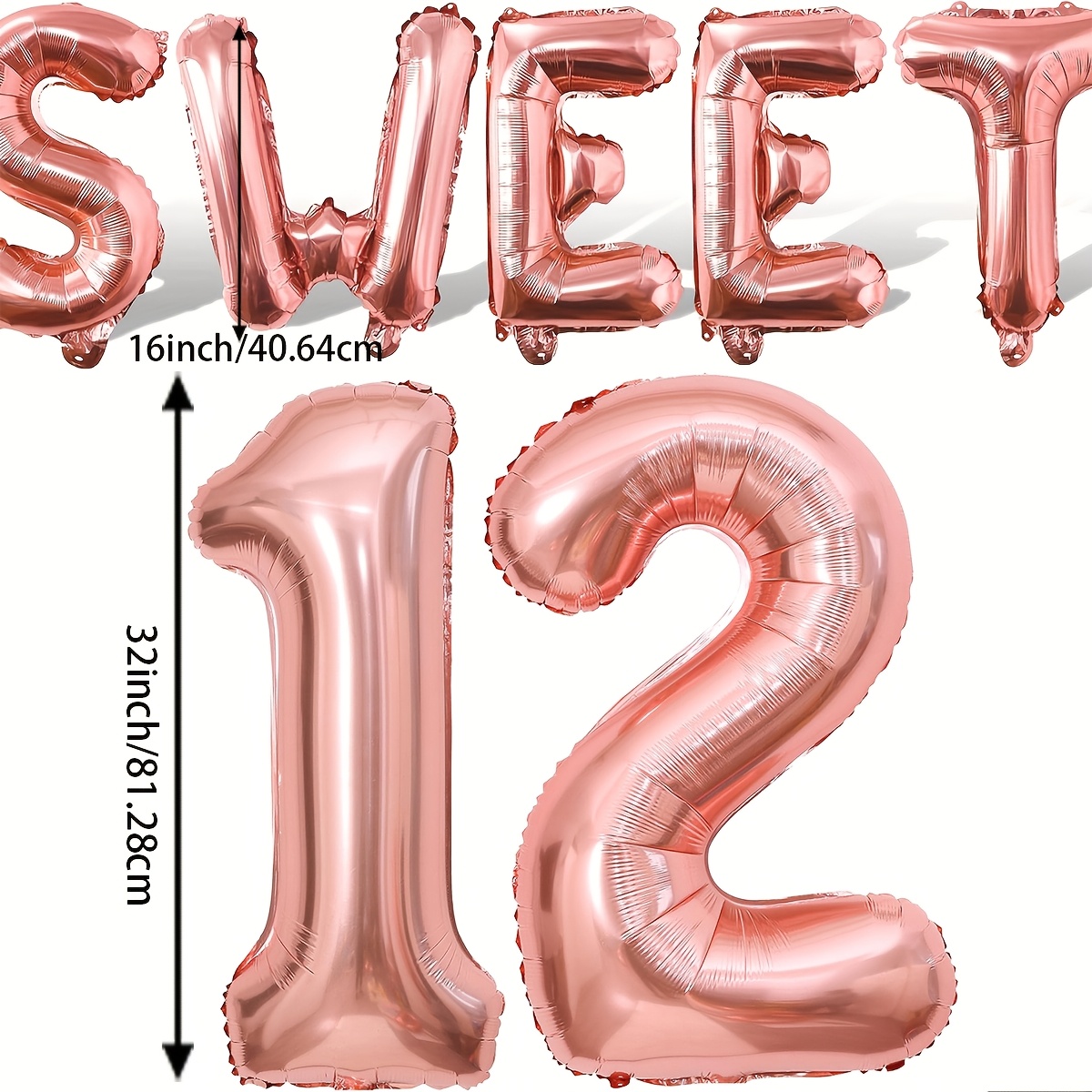 Image of Rose 12 Balloons With 16inch Sweet Foil Balloons Total 7pcs For Rose Golden 12th Birthday Decorations Anniversary Wedding Happy Birthday Party Supplies