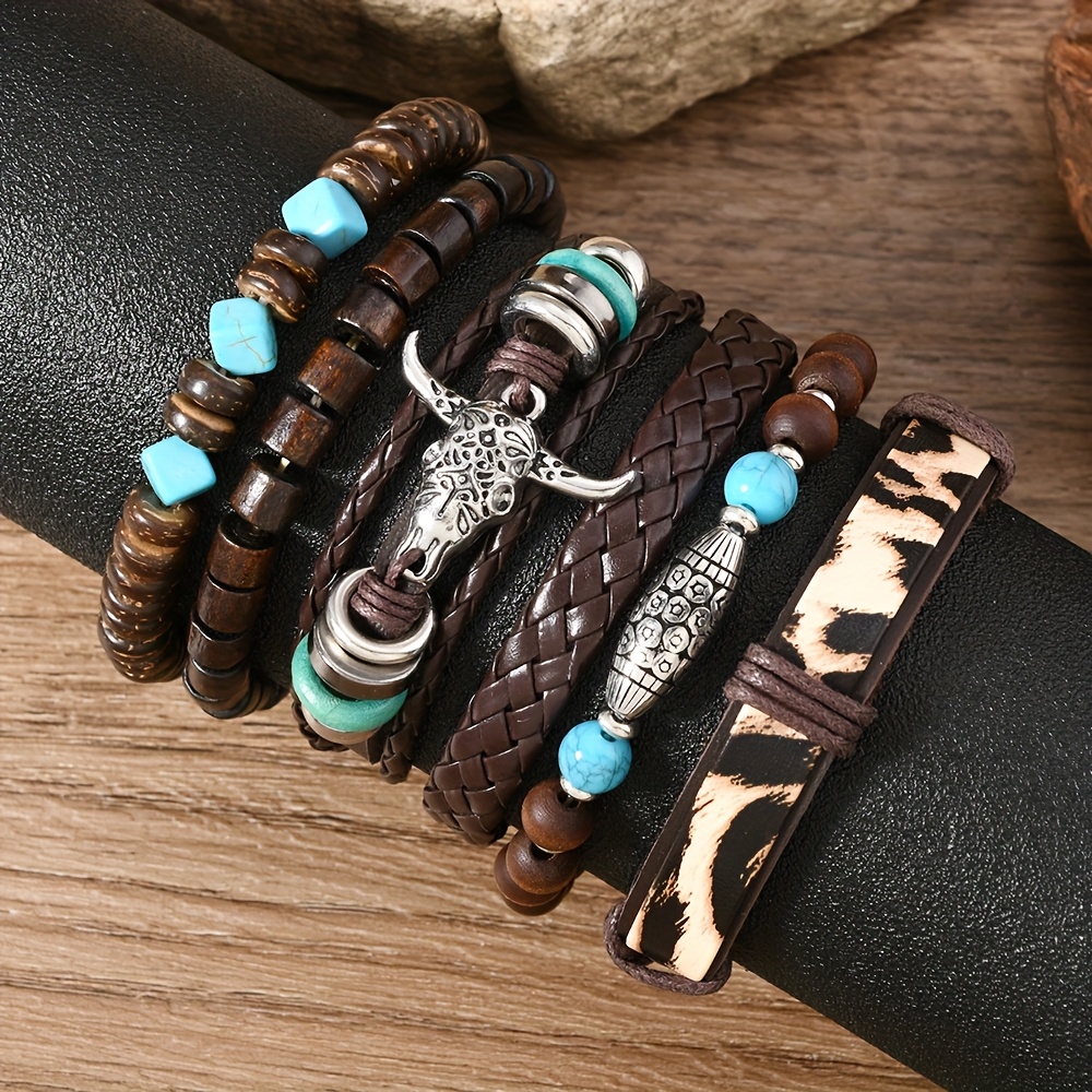 

6pcs Vintage Western Cowboy Style Beaded Bracelets Set, Leather Wristbands With Braided Patterns, Charm, Beads, Unisex Fashion Jewelry For , Christmas Gift