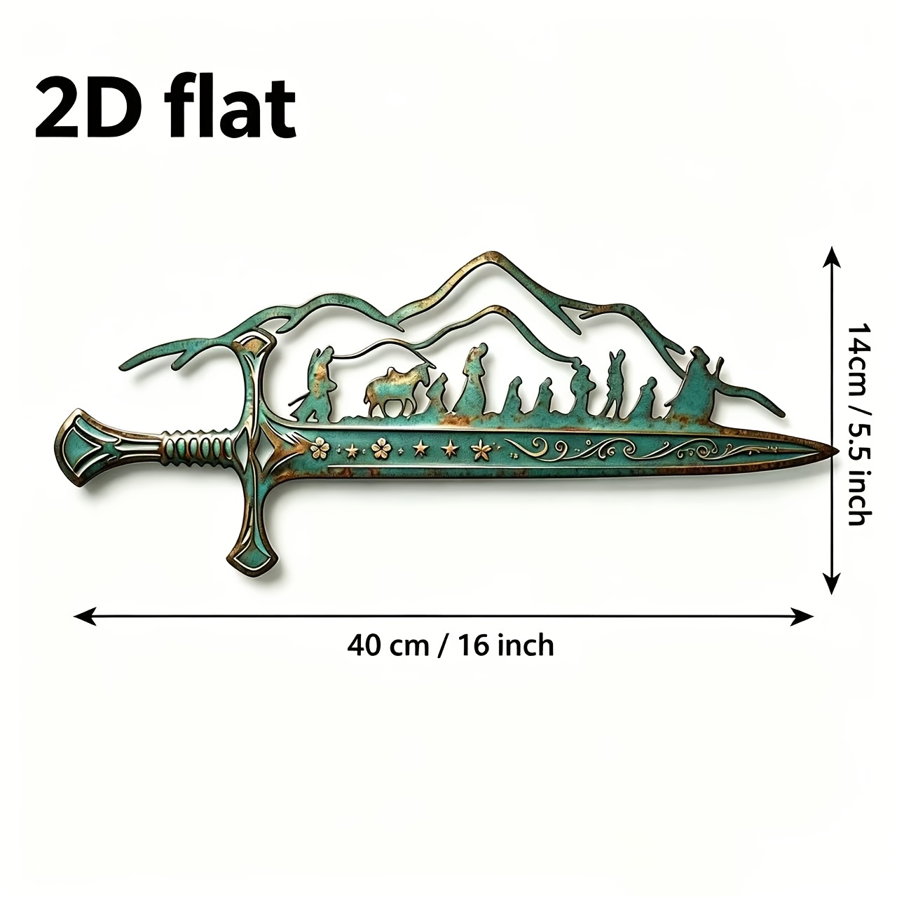 TEMU 2d Flat, 2d Flat Wrought Iron Sword Wall Decor, Vintage Distressed Metal, European Medieval With Mountaineer Silhouette, For Bedroom, Study Room