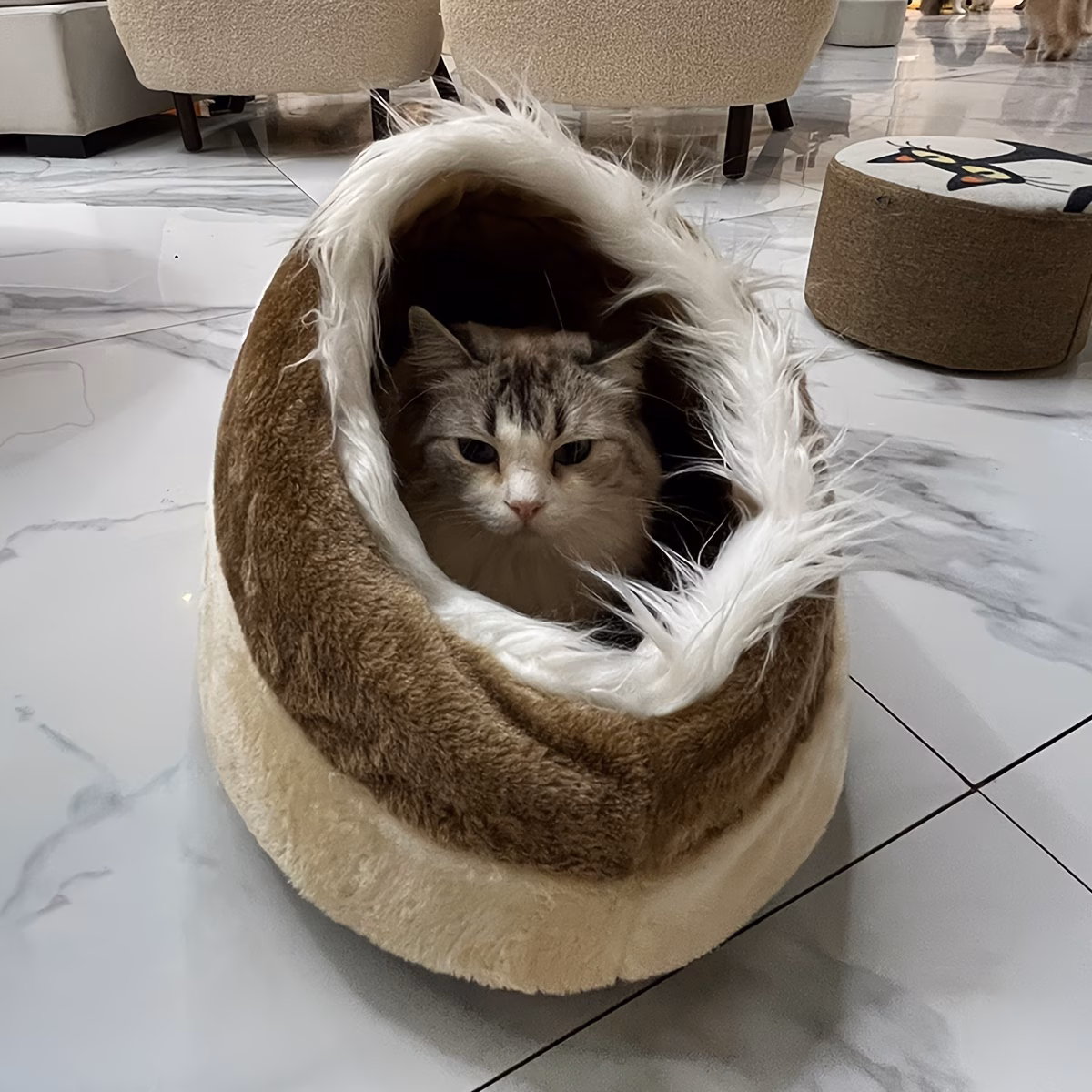 soft plush cave cat bed with fluffy trim entrance warm enclosed pet sleeping nest cozy hideaway shelter for indoor kittens small cats Product details 4