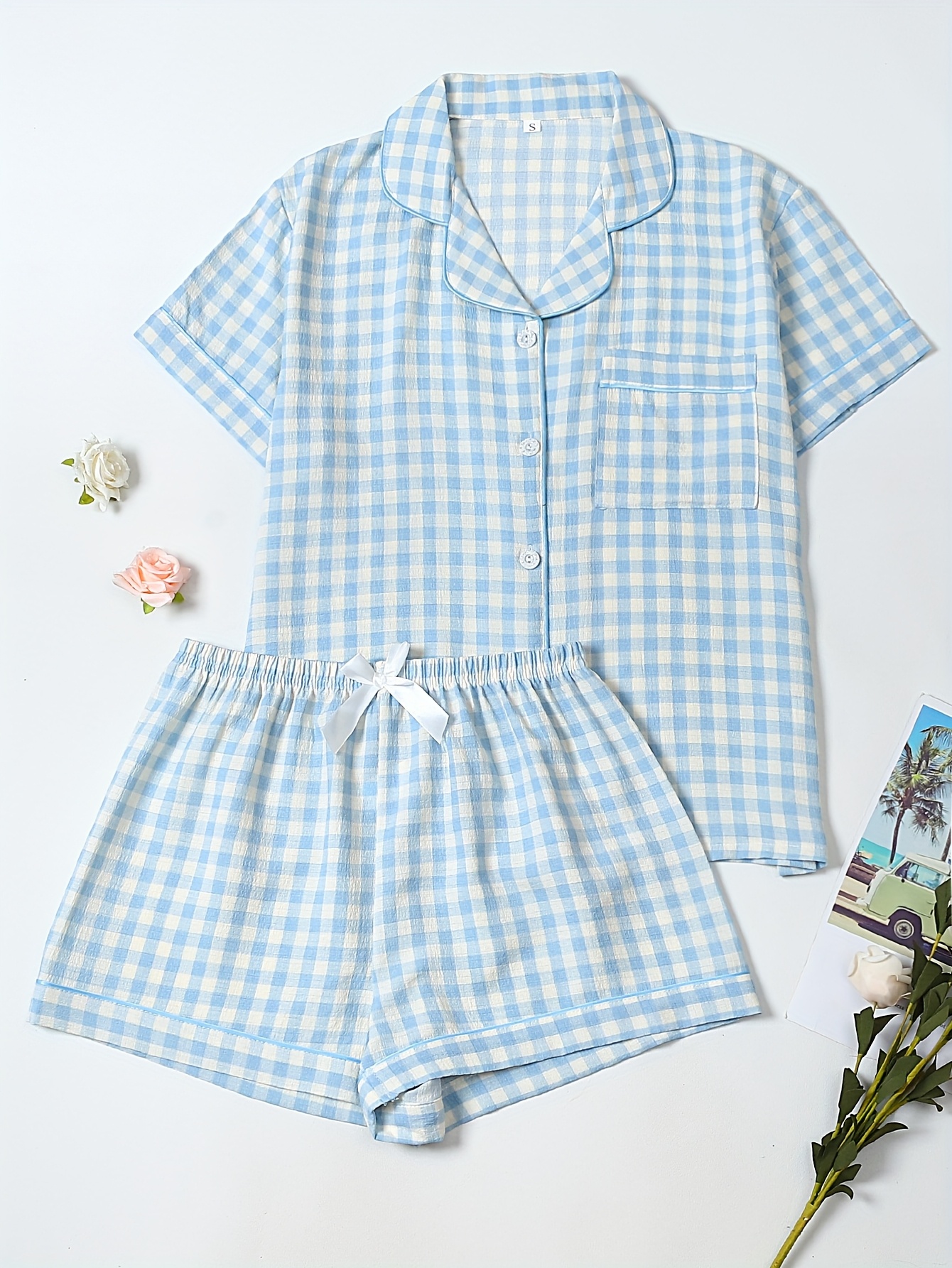 womens casual gingham pajama set short sleeve blouse with button up shorts with bow detail soft breathable fabric for spring summer relaxed fit casual wear gingham pattern short sleeve top gingham pajamas Product details 0