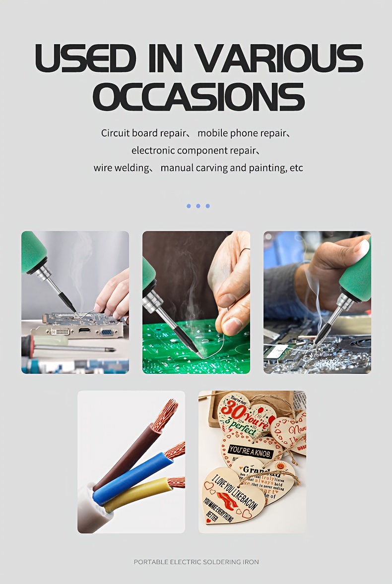 mini soldering iron set 5v adjustable temperature, usb rechargeable portable soldering tool, suitable for home appliance repair, jewelry making, diy projects -   soldering iron, three soldering iron tips, rosin, stand, storage box, tin soldering iron, soldering and  , soldering iron kit, tin soldering wire, soldering and repair station, electric soldering iron, soldering station Product details 4