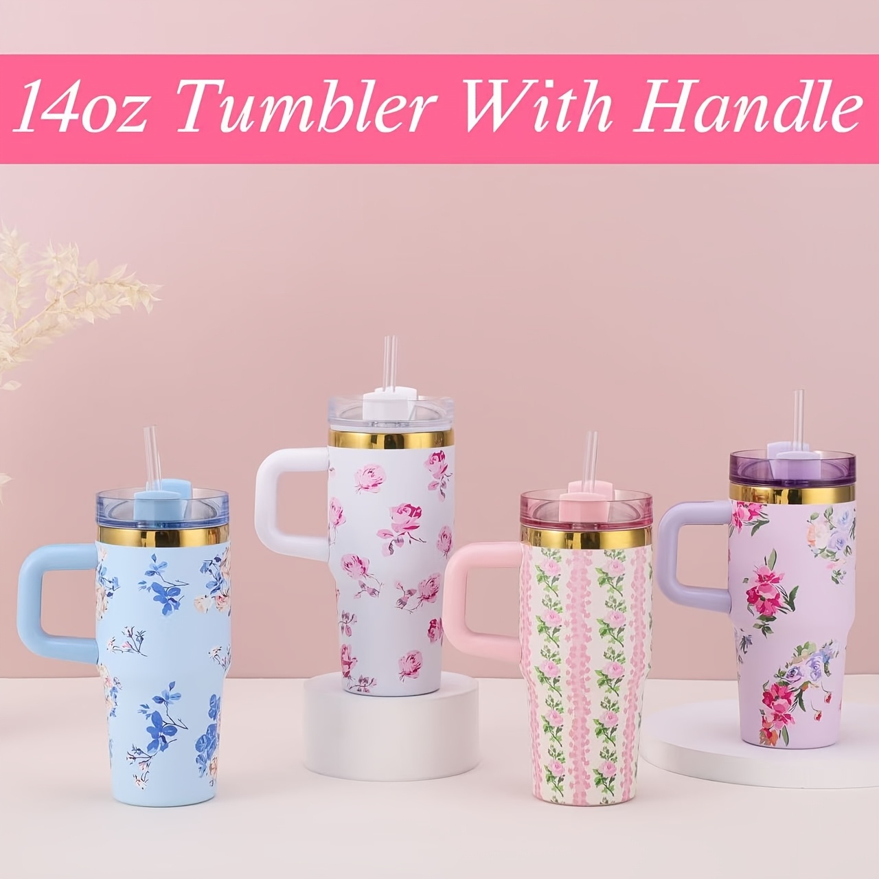 

1pc 14oz Floral Pattern With Handle, 304 Stainless Steel Insulated Cup, Gold-plated Rim, Cold & Hot, Includes Plastic Straw, Washable, Ideal For Dining - In White & Red