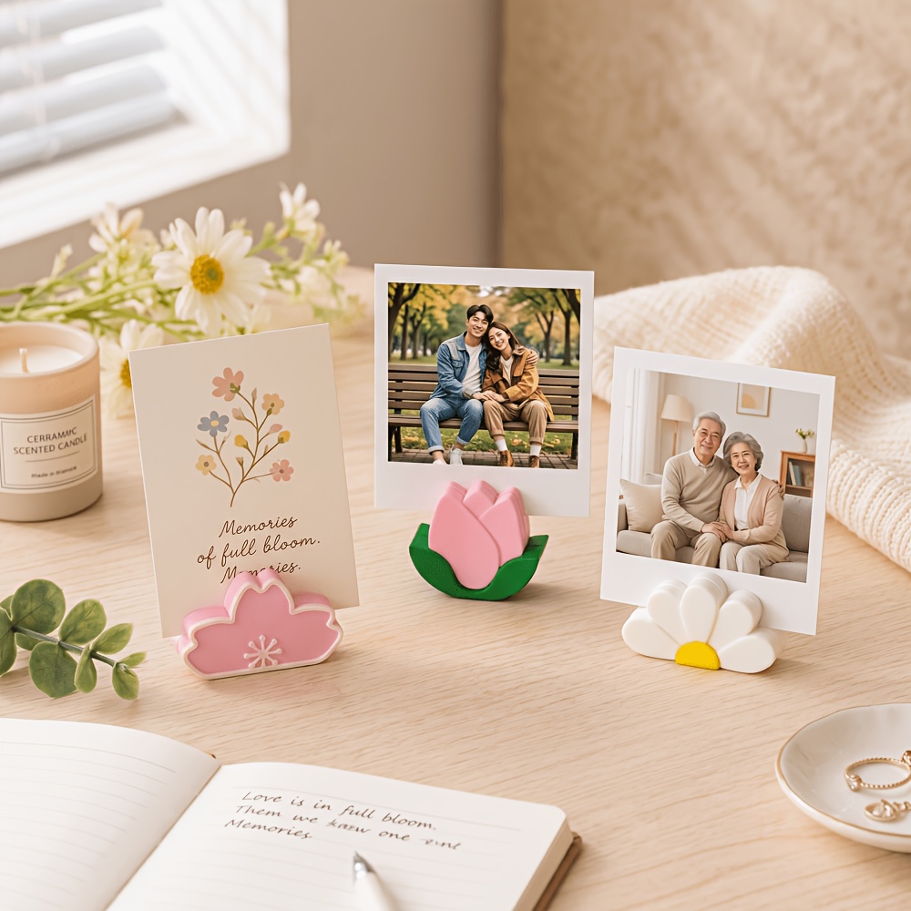 TEMU 3pcs Cute Flower Photo Clip Holders, Tulip Cherry Daisy Desktop Picture , Aesthetic Tabletop Photo Display Stand For Office Home Desk Room Decor