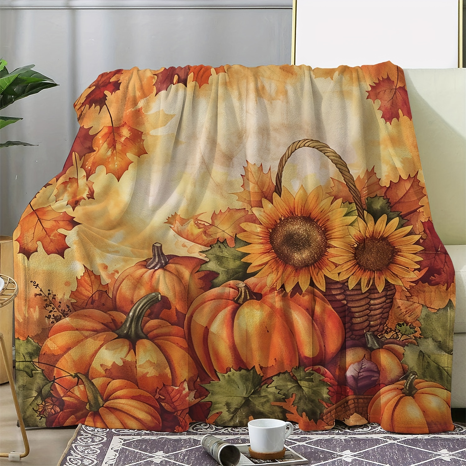 

Vintage Autumn Harvest Throw Blanket - Sunflower, Pumpkin & Maple Leaf Print - Cozy Flannel Fleece, Soft & Warm For Sofa, Bed, Office, Camping & Travel - All-season Polyester Knit Decorative Blanket