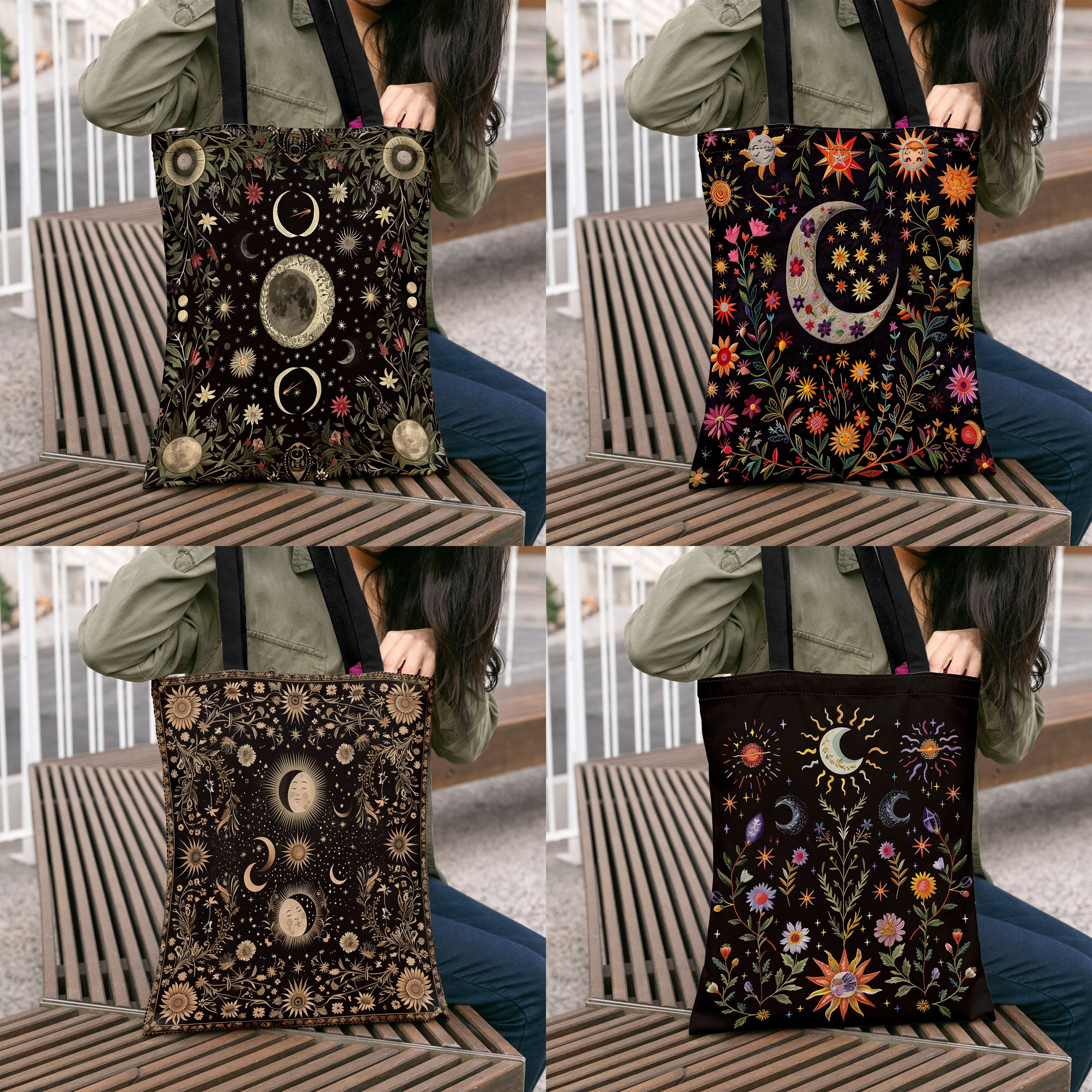 

Celestial Canvas Tote Bags, Vintage Moon Phase Floral Design, Large Capacity Shoulder For Shopping, Travel & Daily Use