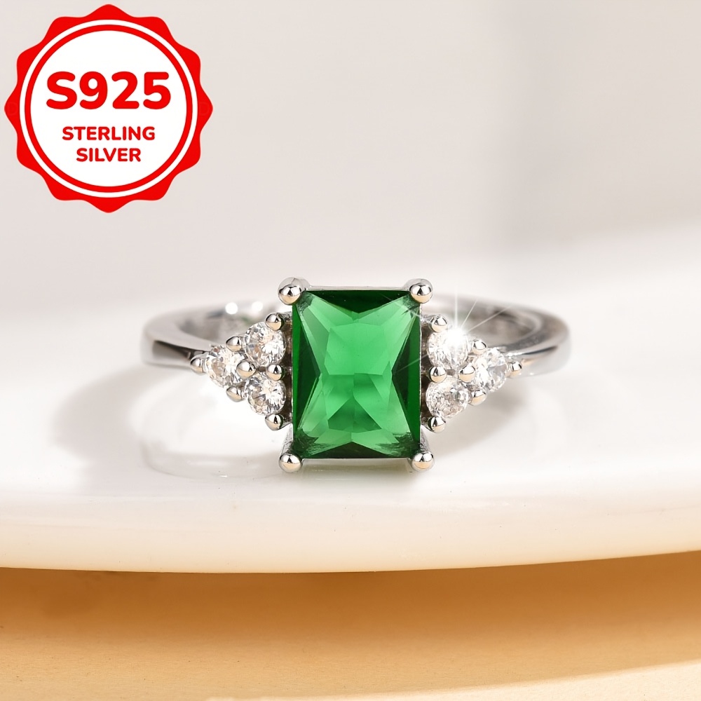 TEMU 1pc Women's Fashion Statement Ring S925 Silver Emerald Synthetic Zirconia Ring Trendy New Geometric Square Ring For Women Best Friend Gift Party