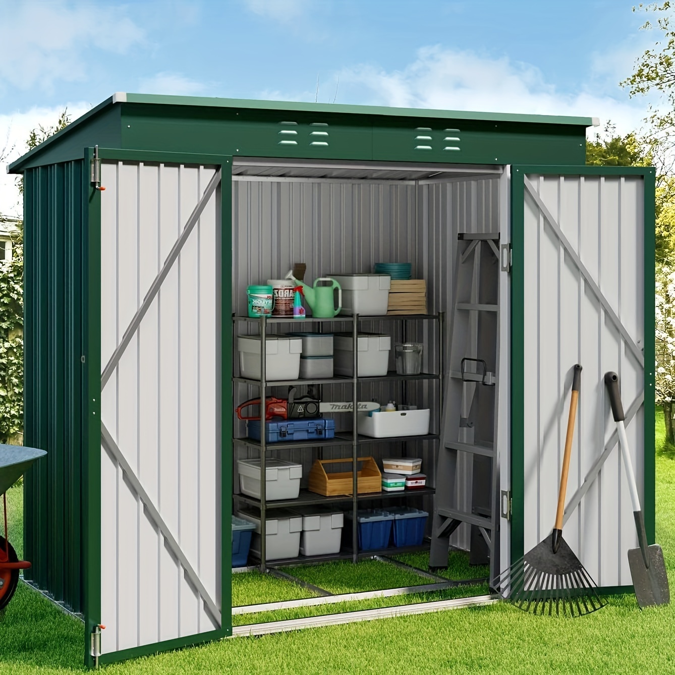 

6' X 4' Outdoor Storage Shed With Double Lockable Doors, Anti-corrosion Metal Garden Shed With Base Frame, Waterproof Shed Outdoor Storage Clearance For Backyard Patio Lawn-green