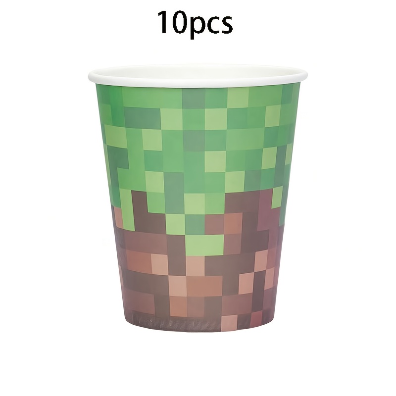Image of 10pcs/50pcs For Pixel Gaming Paper Cups Party Supplies Green And Brown For Pixel Pattern Cups Birthday Party Decorative Cups For Pixel Themed Birthday Party Shower Decorations For Halloween、christmas