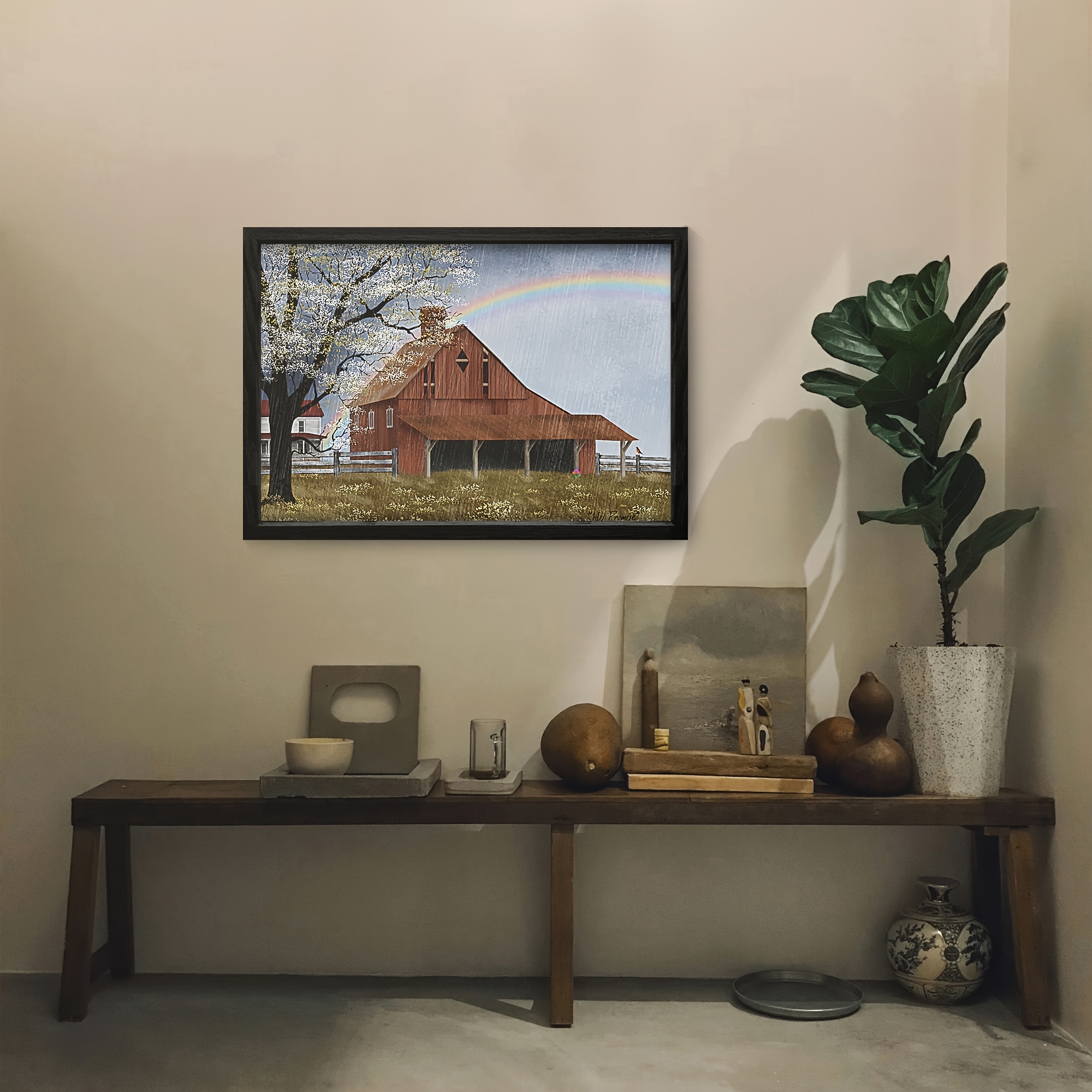 

1pc, Framed Billy Canvas Wall Art, Country Barn Farm Primitive Folk Art Print For Bedroom Living Room Decor, Wood Frame