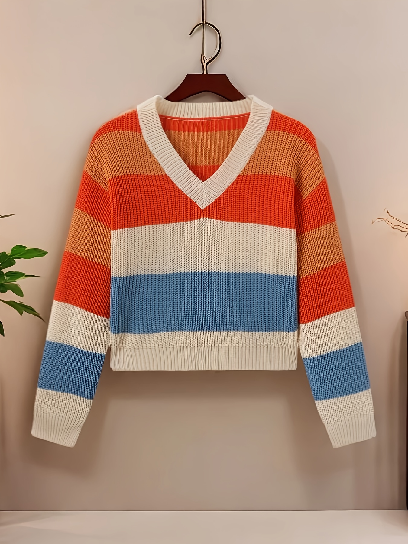 Suéter de punto para mujer con bloques de color Cuello manga corta,  estiramiento medio, lindo suéter de manga corta para */verano/otoñ