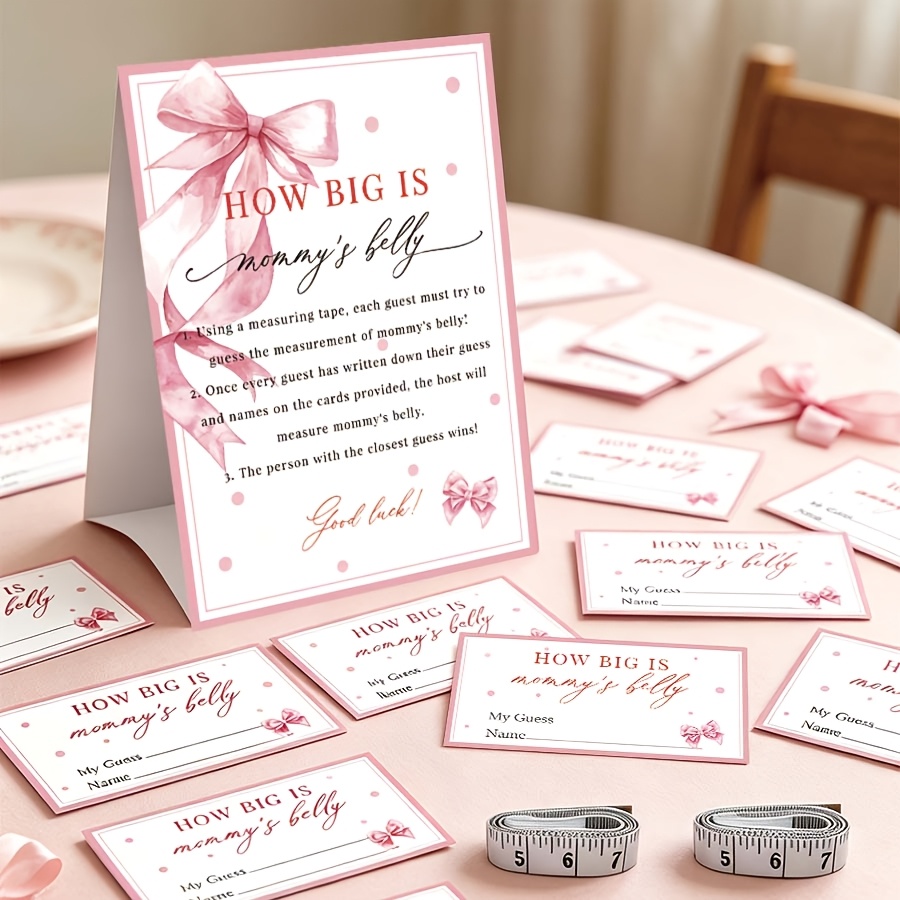 TEMU 25pcs Pink Bow Game Set, Including Party Game Tabletop Stand, 22pcs Small Cards, 2pcs Soft Rulers, Belly Size, Guessing Game Set Baptism Party