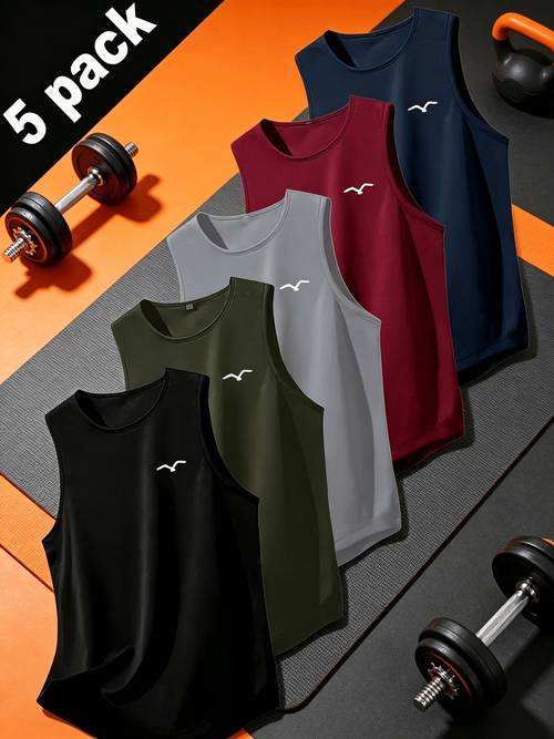 item picture 5pcs mens quick dry sleeveless tank tops breathable moisture wicking fabric round neck summer workout shirts for gym running basketball tank tops apparel sporty design