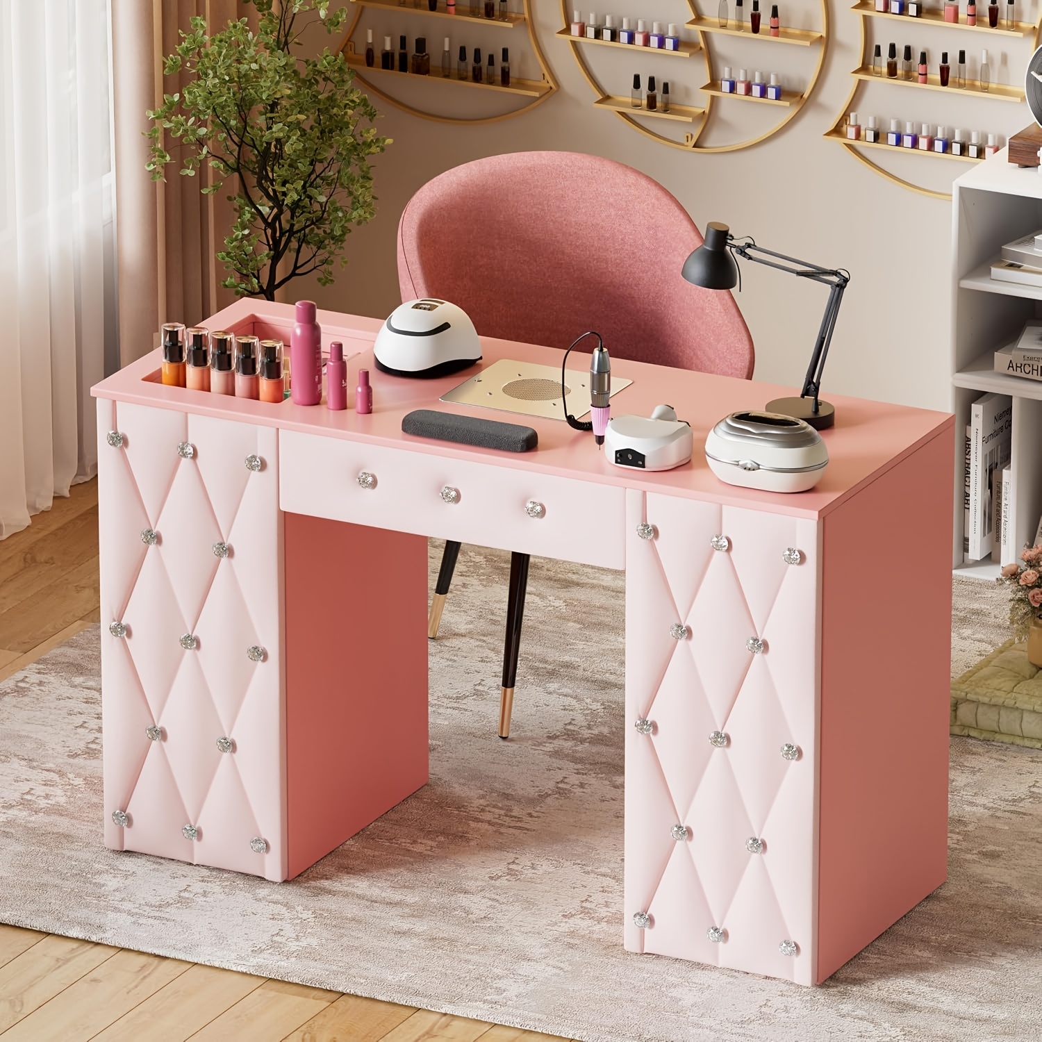 Image of Nail Salon Worktable, Pink, 108 X 45 X 77cm, Nail Salon Workbench With Drawers, Storage Cabinet, And 2 Vacuum Bags, Suitable For Beauty Salons And Nail