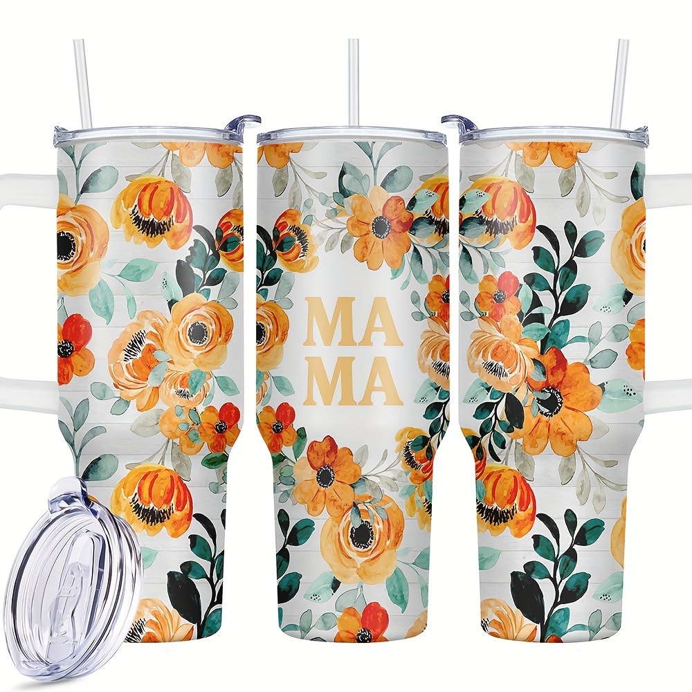 

1pc, 40 Oz Stainless Steel Tumbler, Flower Mama Funny Print Double Wall Vacuum Insulated Travel Mug, Perfect Gift For Family And Friends Birthday Christmas Gifts For Women Mom Sisters Teacher Coworker