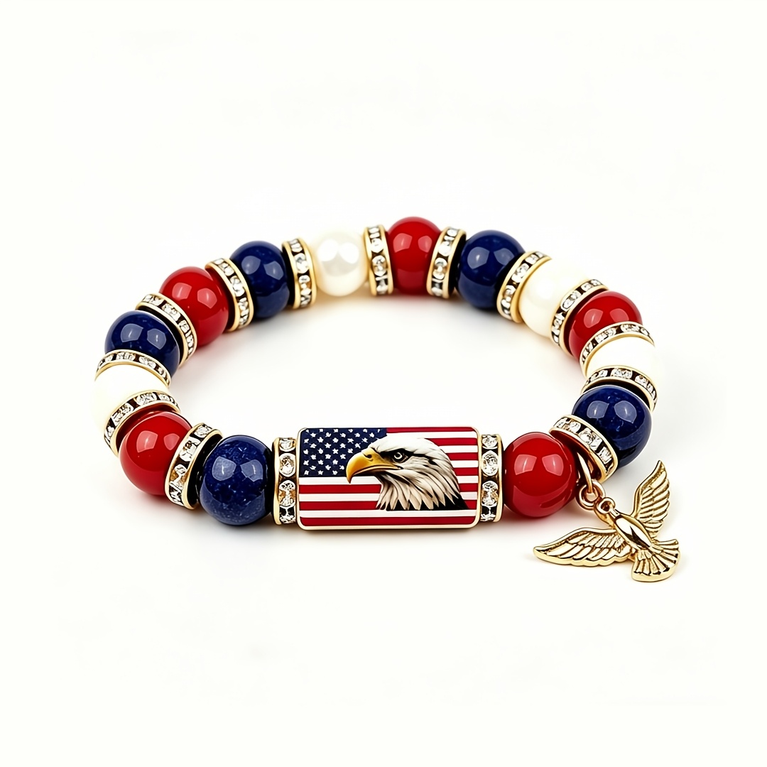 TEMU 1pc 250th Anniversary Flag And Eagle Elastic Beaded Bracelet, Patriotic Wrist Jewelry, Accessory For July 4th Day Parties And Daily Outfits,