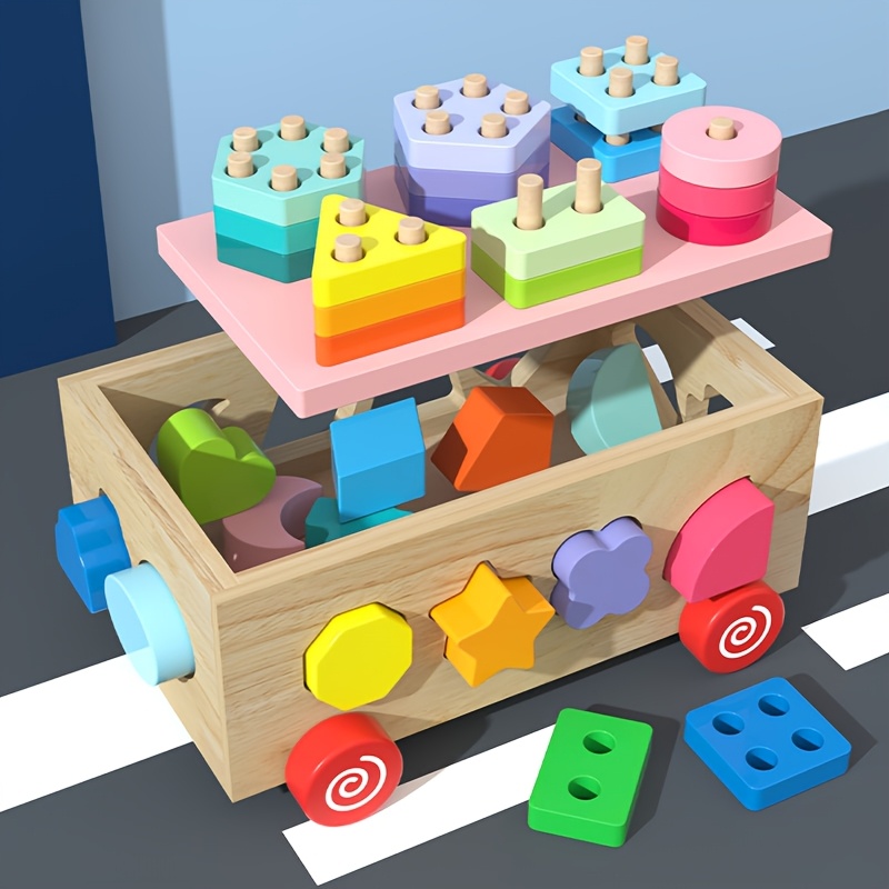 智能木制形状分类车玩具，幼儿教育积木套装，非常适合学前班学习，增强手眼协调能力和颜色形状识别，是男孩和女孩的理想生日和新年礼物 商品详情 0