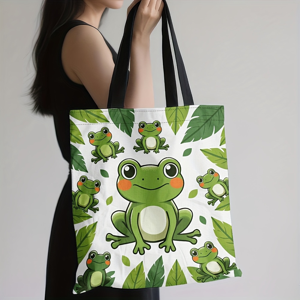 TEMU 1pc Double-sided Printing Cute Frog And Leaf Printed Tote Bag - Durable, Reusable Shopping Shoulder Bag, Suitable For Women, Large Capacity,