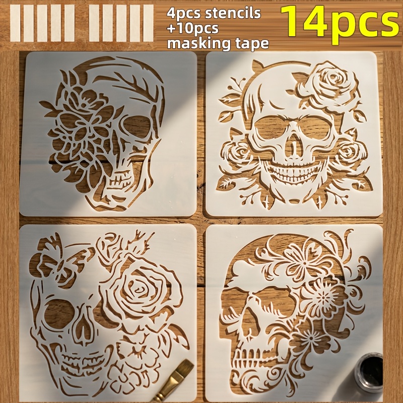 E-shop 14-teiliges Skelett-Muster Zeichenvorlage, inklusive 4 Vorlagen + 10 Abdeckbanden, Skelett-Flammen-Horror-Skelett-Vorlage für Scrapbooks, Wand-