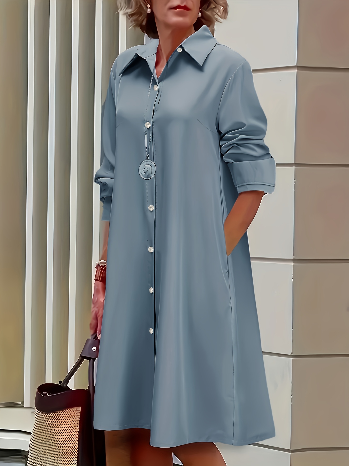 Plus Size - Plus Size - Plus Size Women'S Collared Solid Color Shirt Dress