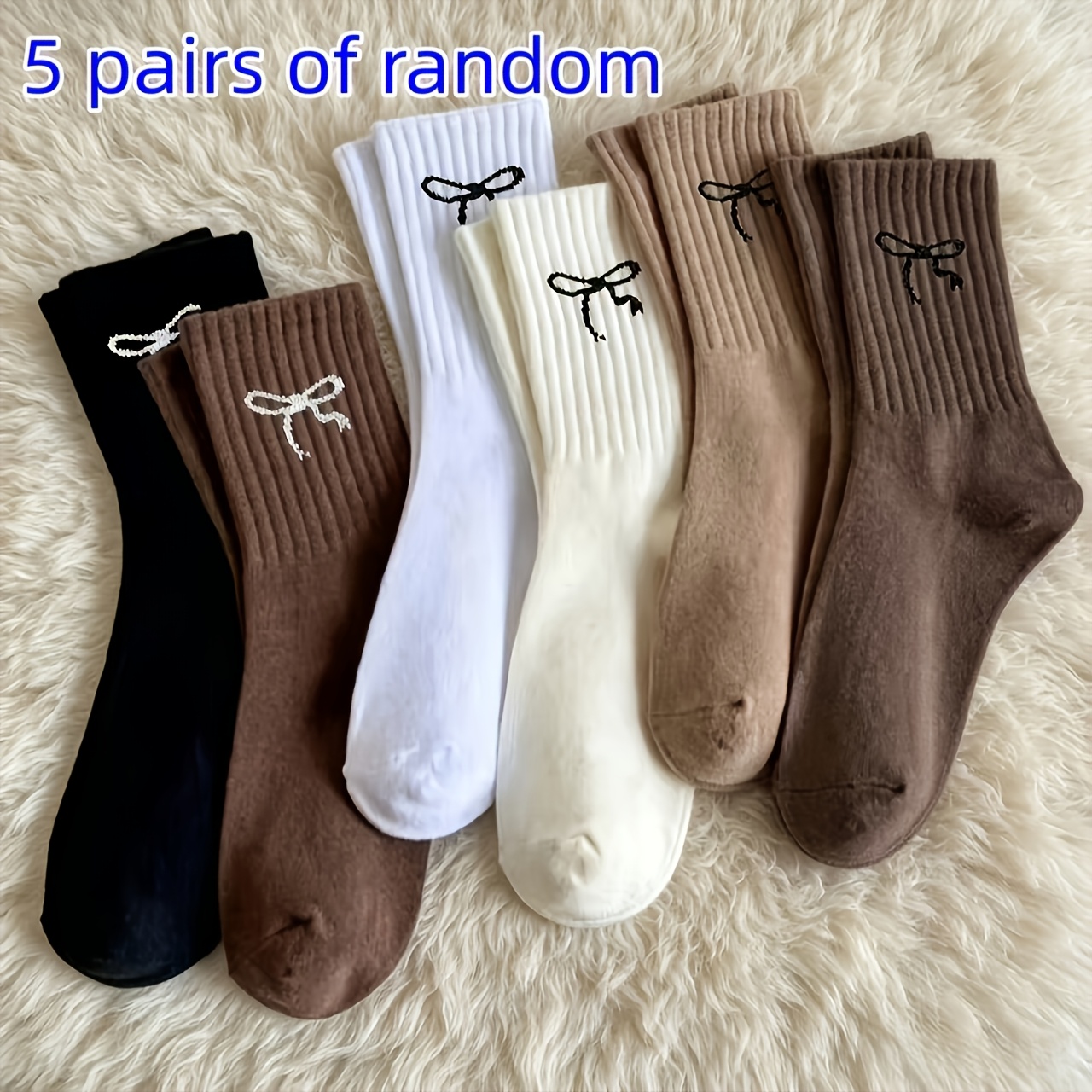 TEMU 5 Pairs Random Ladies Bow Print Tube Socks, Comfortable And Casual Versatile Style Women's Socks