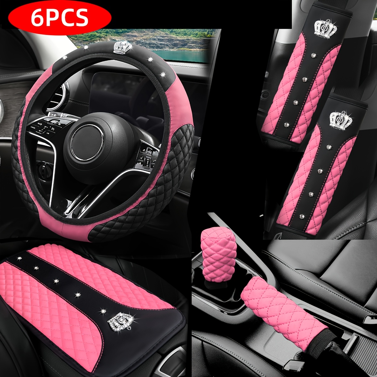 TEMU 6pcs Luxurious Shiny Car Interior Set, Faux Leather, Crown, Artificial Rhinestone Steering Wheel Cover, Shoulder Pad Cover, Cover, Gear Shift