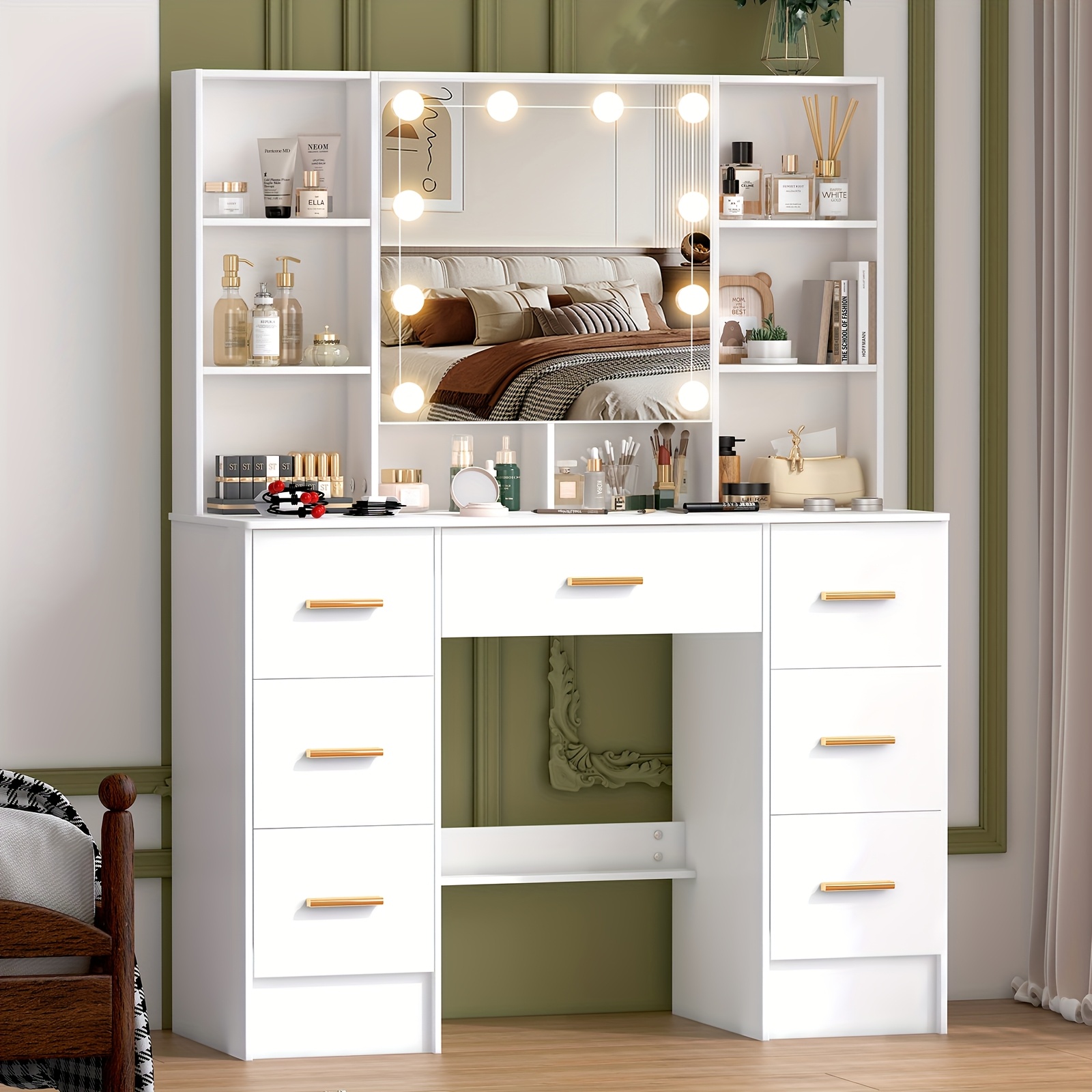 modern white solid wood dresser with drawers illuminated vanity     adjustable lighting   large capacity storage functional fashion dresser for ladies   for birthday gifts   local warehous Product details 0