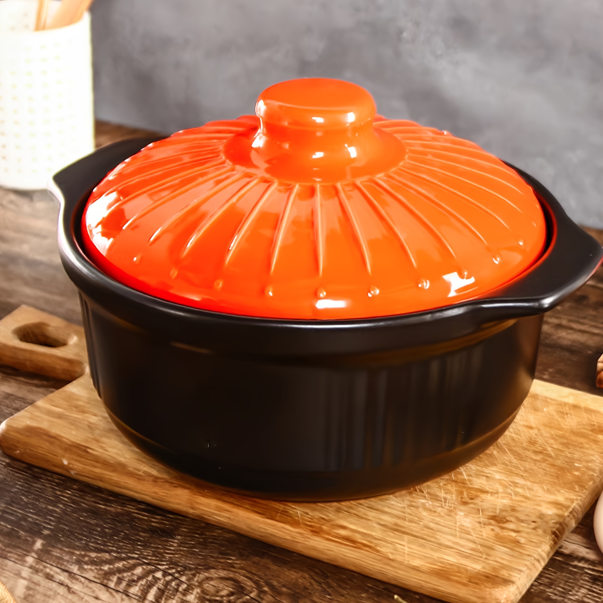 

1pc Ceramic Casserole Dish With Lid, Orange Pumpkin Embossed, Suitable For High Temp Cooking On Open Flame Gas & Induction, Ideal For Soups And Stews, Oven And Microwave Safe