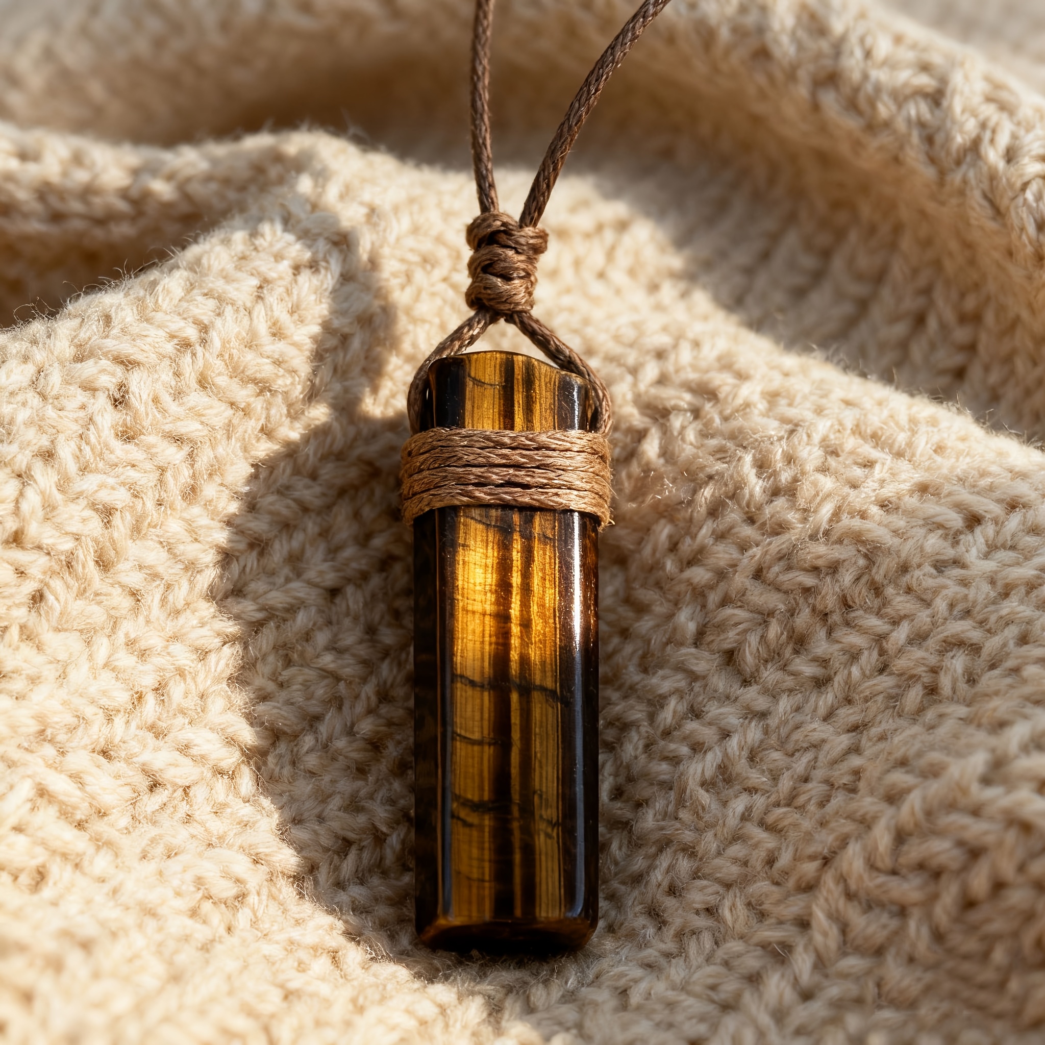 E-shop Handgewebter Vintage Natur Geometrischer Tigeraugen-Anhänger, Unregelmäßige Böhmische Rohstein Tigeraugen Lange Halskette, Ausgewählter
